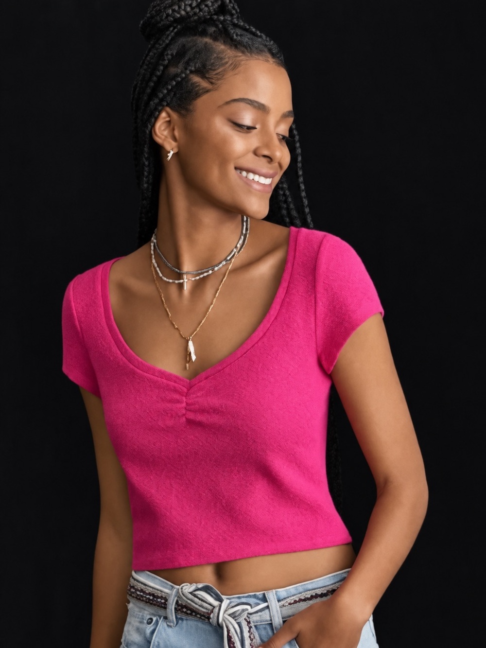 Anthropologie Scoop Neck Textured Knit Baby Tee in Pink
